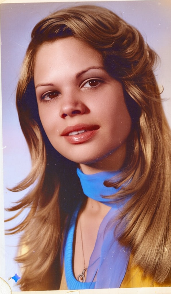 Close portrait of Xiomara in blue against a softly colored studio background.
