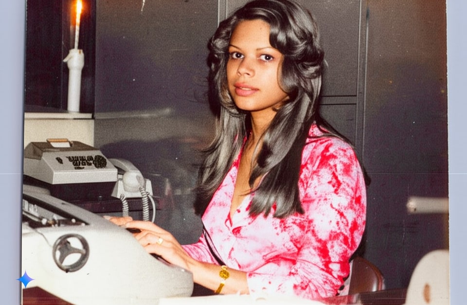 Xiomara sits at a desk beside a large typewriter, wearing a pink patterned blouse.
